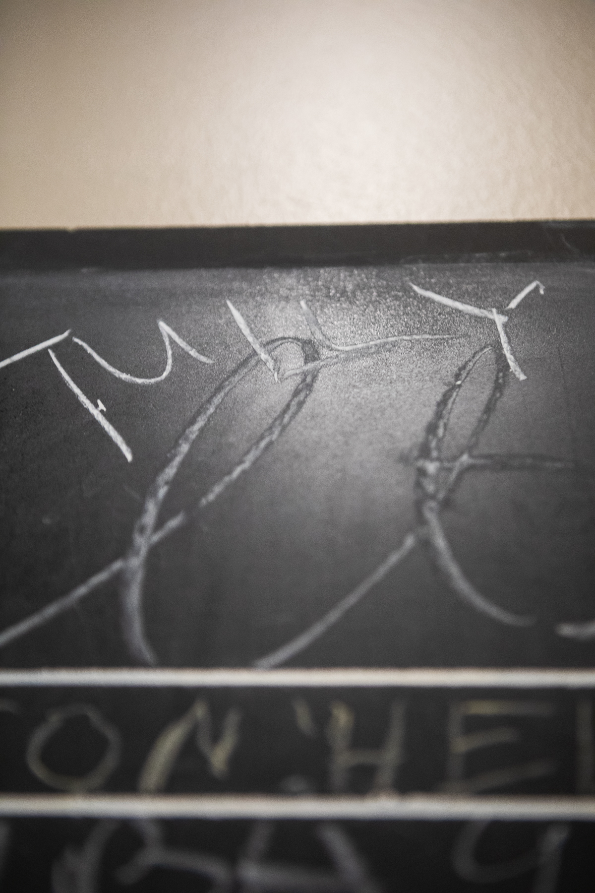 An image of a black board with white chalk writing on it. One word clearly reads "Tully."
