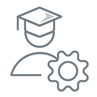 Icon of a person in a graduate's cap next to a cog