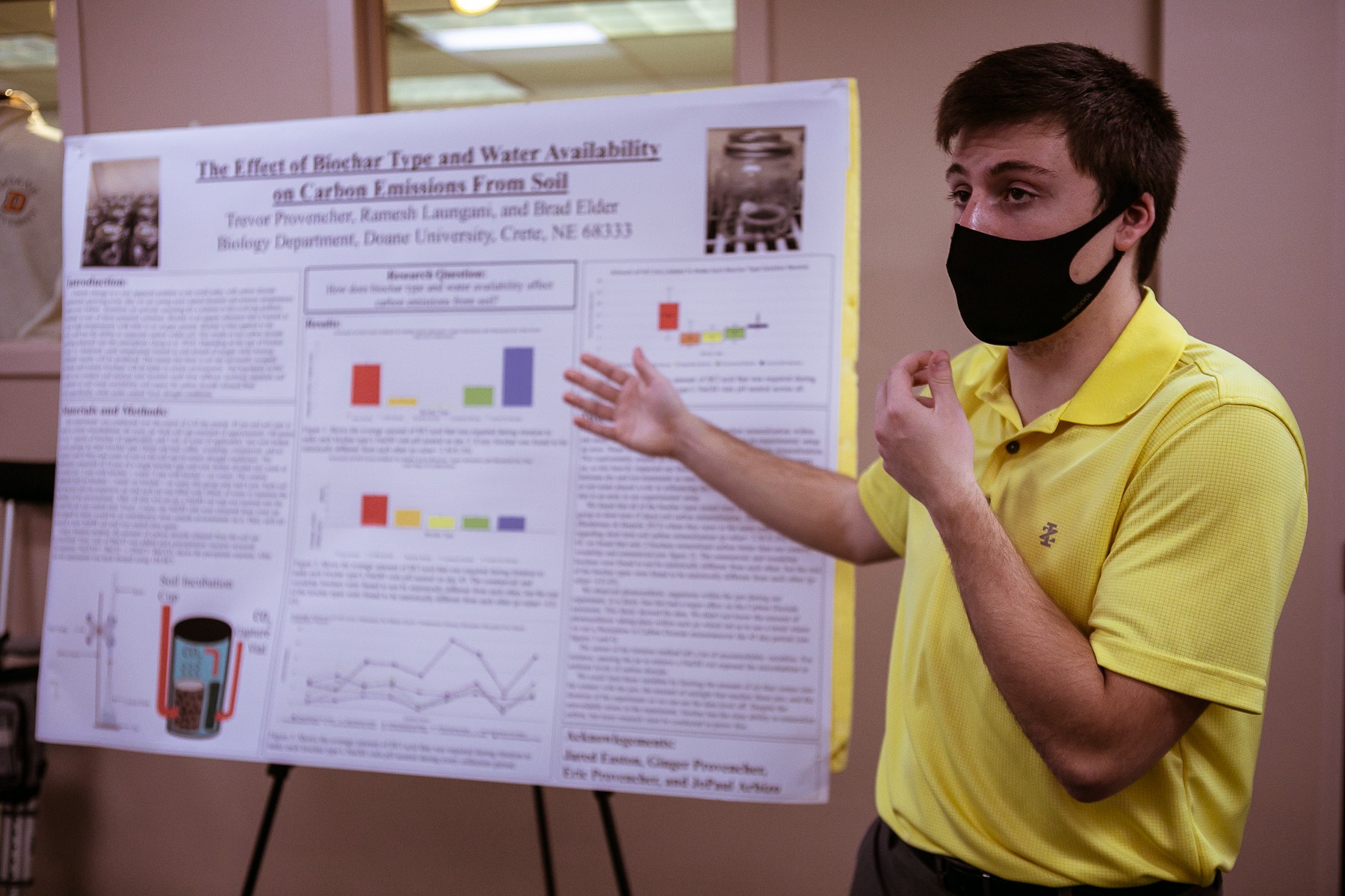 Trevor Provencher, '21 biology major, gestures toward his senior research project on biochar.