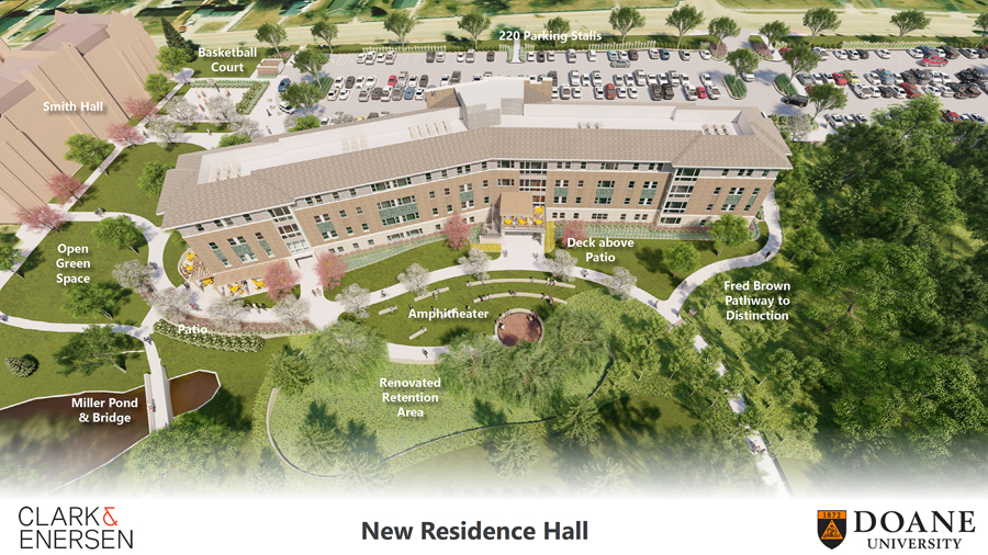 Architectural rendering of Doane's future residence hall, courtesy of design partners Clark & Enersen