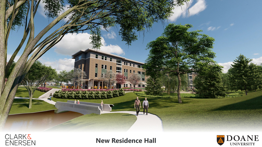 Rendering of the south side of Doane's future residence hall, looking up from Miller Pond. The building has a walk-out lower level and three stories. There are two patios and communal green space for students to use for events, studying and socializing. Image courtesy Clark & Enersen. 
