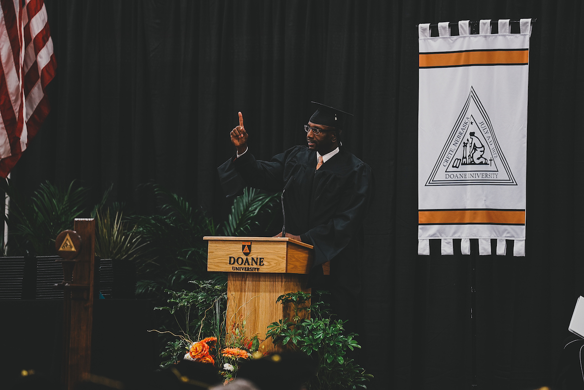 DeMoine Adams, CEO of the TeamMates Mentoring program, gave the commencement address to Doane graduates, titled "Ready, Set, Future." 