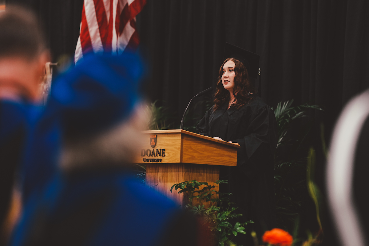 Madison Brandenburg ’22 gave the invocation and benediction for Doane's 2022 winter commencement ceremony.
