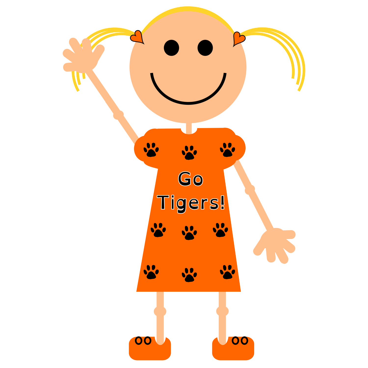 Cartoon image of a girl waving, with a dress that reads "Go Tigers!" Image created by Heather Thompson. 