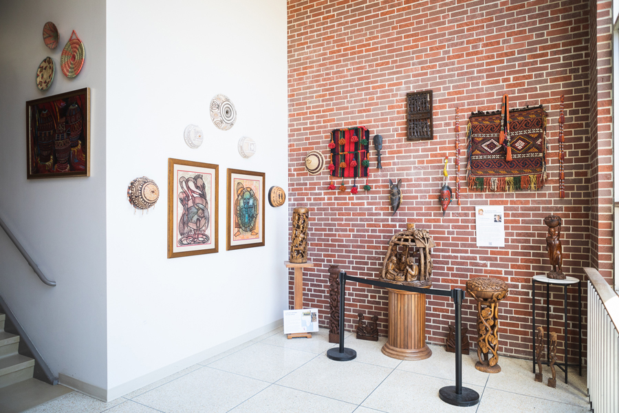 Image of the Hahn art collection on a landing between the Communication Building's first and second floors.