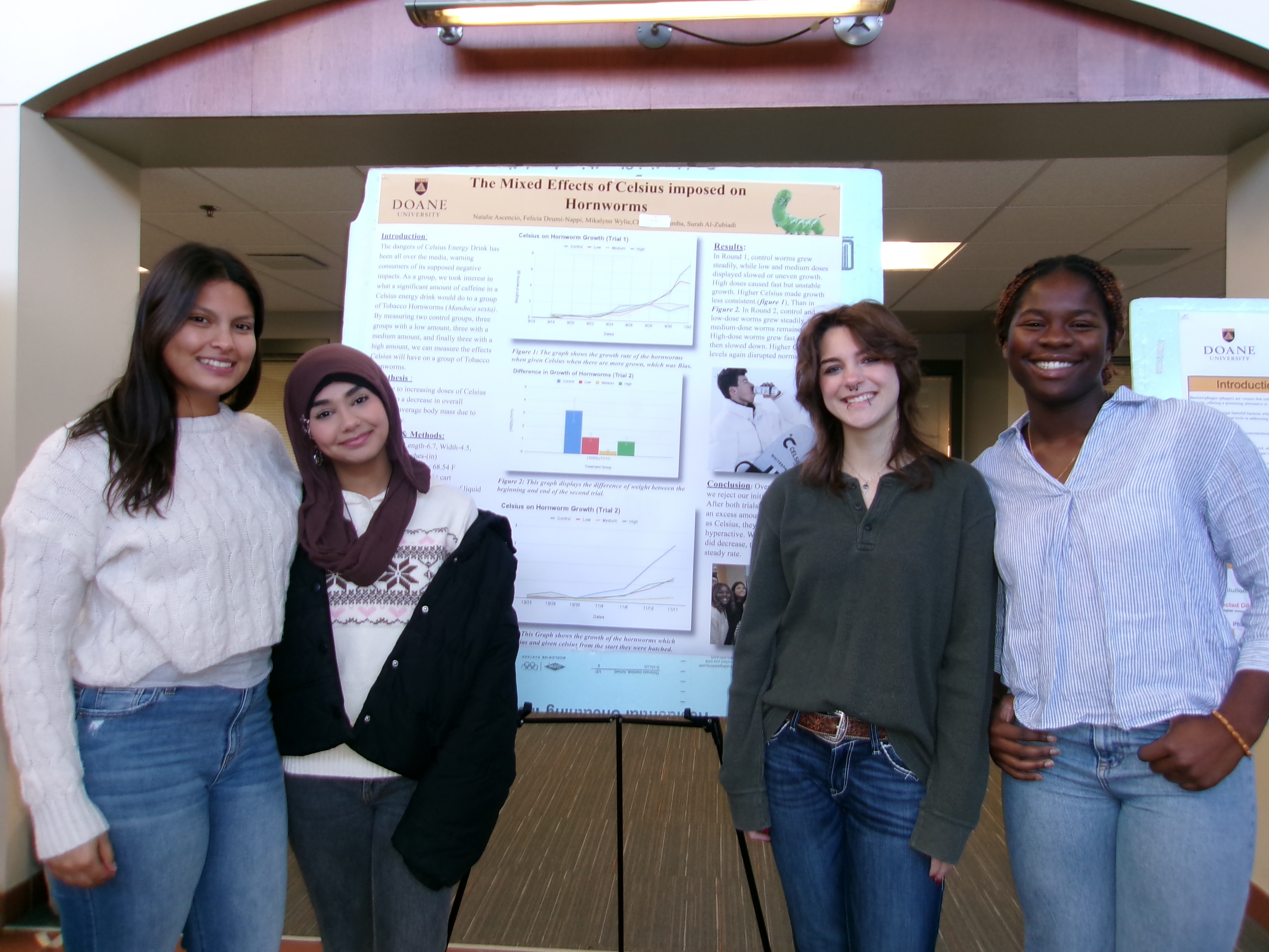 students stand in front of their research poster