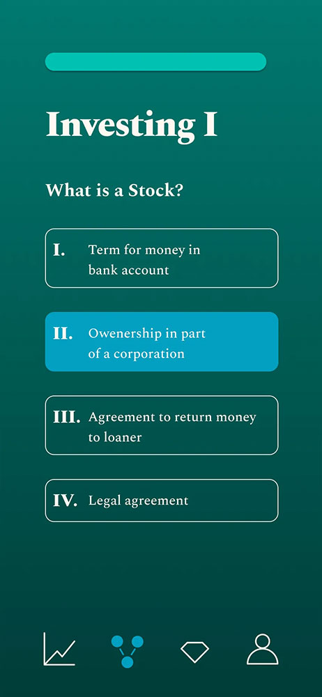 a screenshot of the Capital Gains app showing a multiple choice question "What is a stock?"