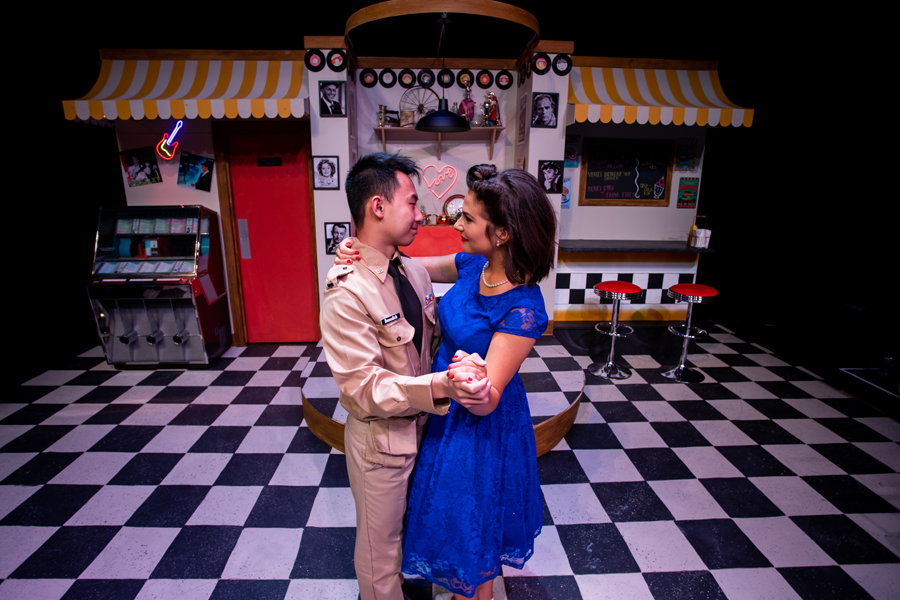 Jimmy Nguyen '20 dances with Allison Baird '20 on the set of Doane's 2019 production of "Much Ado About Nothing."