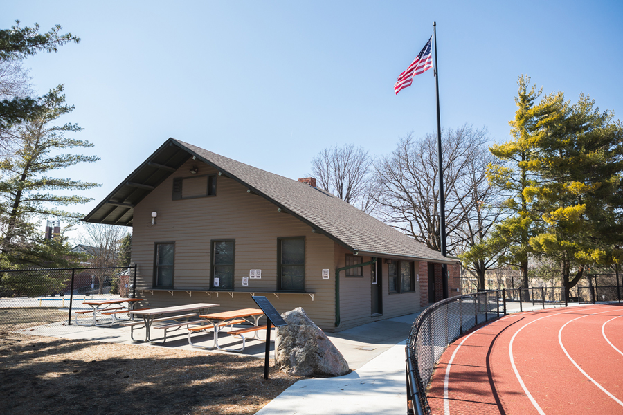 Image of Fiske Lodge, currently the ticket booth and concession stand at Doane's Memorial Stadium.