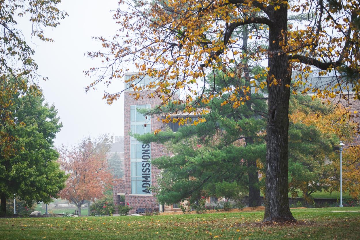 Image of a foggy fall day on Doane's campus. The colors are saturated — green grass dotted with brown leaves, lush evergreens, and the pop of red and yellow leaves yet to fall. In the distance is the red brick of the Art/Ed building, with a vertical sign reading "ADMISSIONS" on its window.