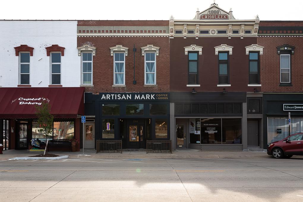 Street view of the exterior of Artisan Mark Coffee and Goods at 1144 Main Ave. in Crete, Nebraska.