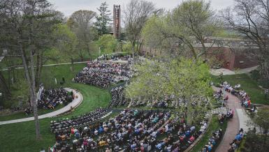 Image of commencement ceremony from the roof of the Communications Building on Doane's Crete campus. 