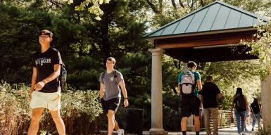 Students walking on bridge