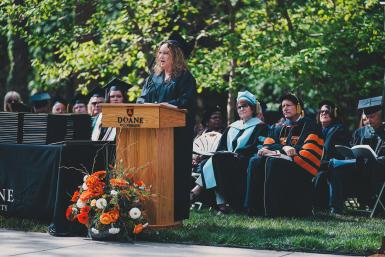 Megan Johnson Cook ’15L gives her commencement speech at Cassel Open Air Theatre on May 13, 2023